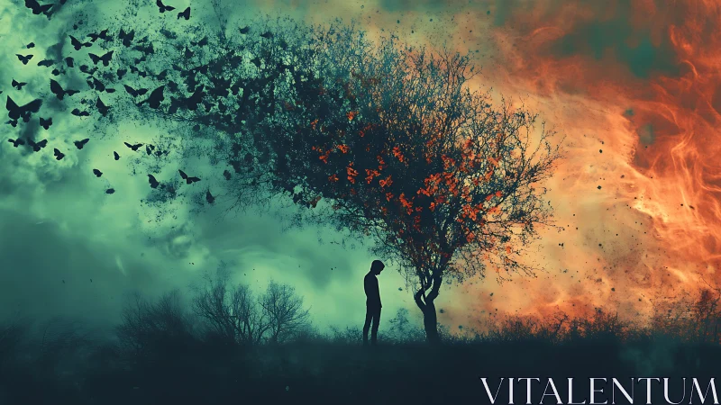 Silhouette stands beneath dissolving tree amid dual skies