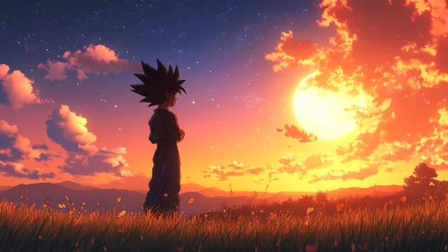 Celestial sunset field with silhouetted spiky-haired figure profile.