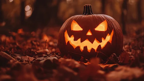 Low-angle jack-o-lantern illumination in shallow-focus forest scene.