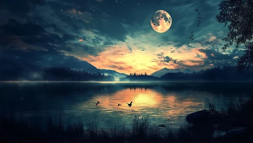 Moonlit lake hush with birds sketching twilight secrets.