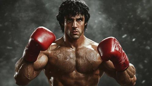 Muscular Male Athlete in Defensive Boxing Stance with Red Gloves