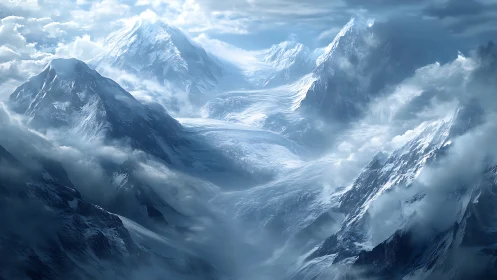 Snow-covered mountain range with dense clouds and mist.
