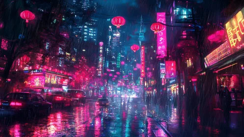 Neon-saturated cyberpunk avenue under dynamic monsoon rainfall.