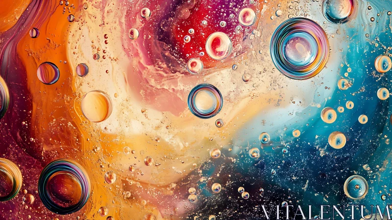 Circular oil droplets intersect multicolor fluid background
