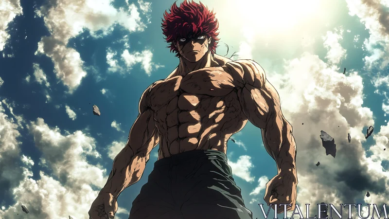 Muscular anime warrior stands beneath shattered sky