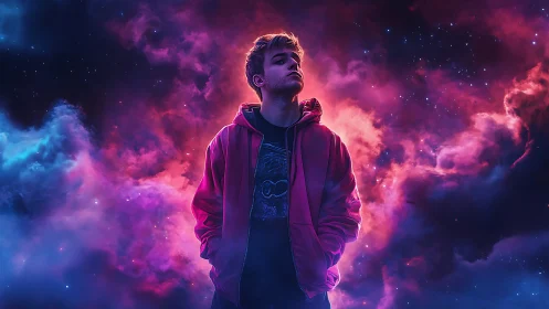 Stargazing youth stands calm in glowing neon cosmic clouds