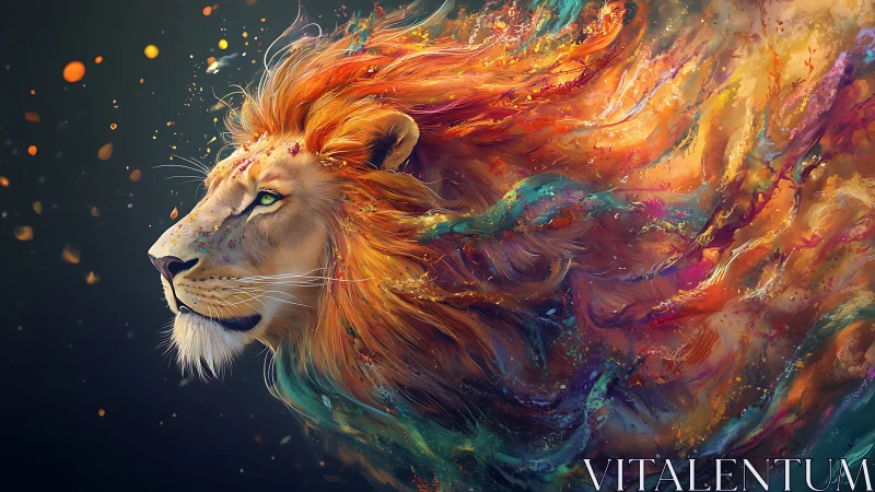 Majestic lion in prismatic, swirling painterly blaze.