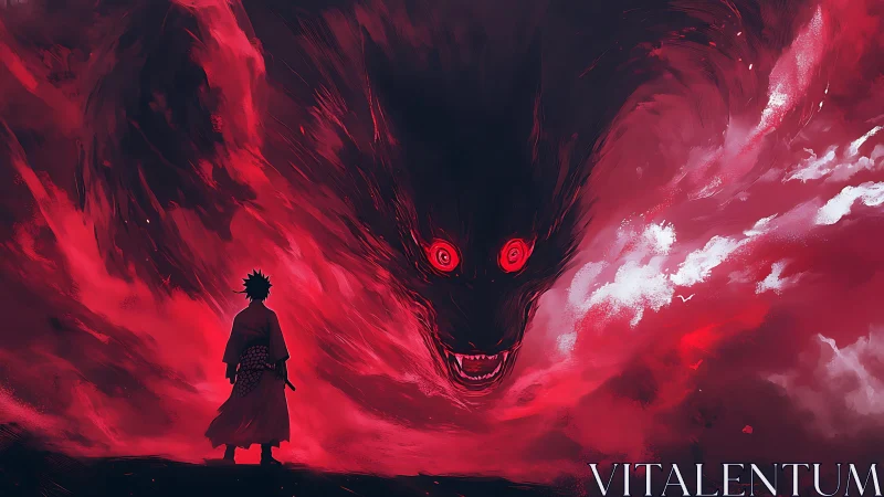 Digital painting of lone samurai facing colossal demon storm.