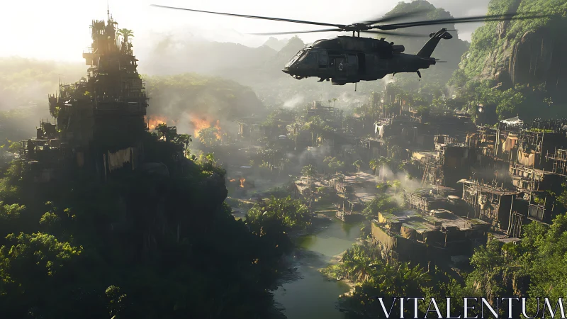 Military helicopter patrols burning jungle fortress valley.