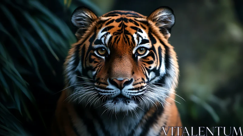 Midnight jungle monarch holds the gaze of the wild