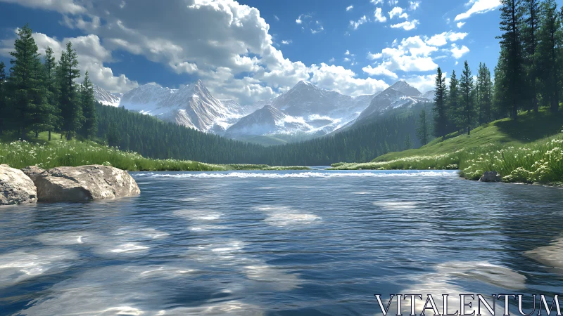 Snowy peaks and gentle river in bright mountain sunlight.