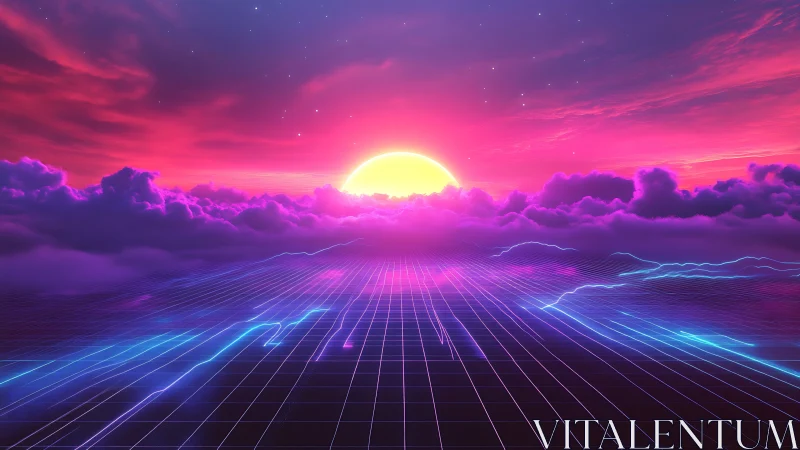 Neon cyber sunset over grid horizon with electric clouds.