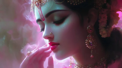Close-up digital portrait of jeweled woman in pink glow.