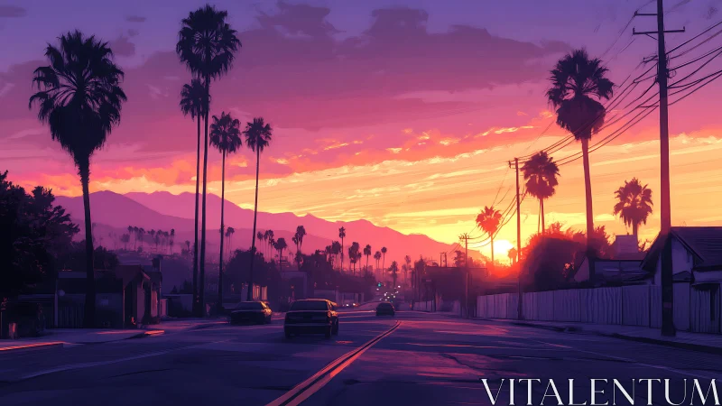 Sunset boulevard draped in neon sherbet palmlight hush.