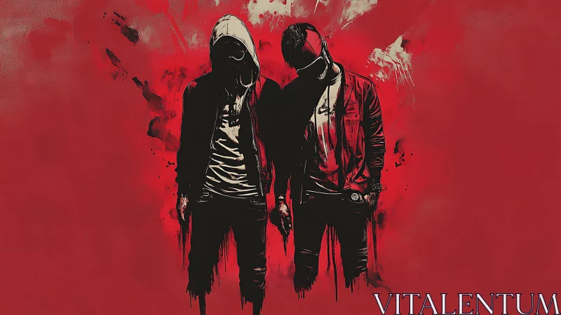 Dual hooded silhouettes in red-dominant graphic isolation.
