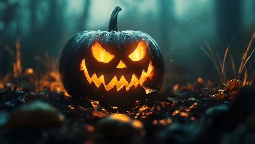 Sinister jack o’ lantern glows in eerie forest twilight.