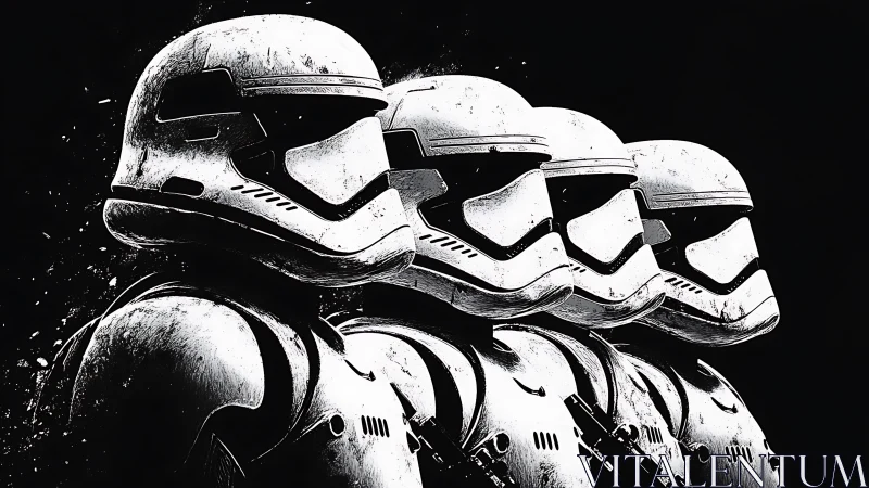 Helmets march in monochrome, echoing silent cosmic orders
