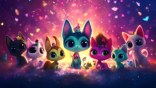 Stylized digital cats arranged in composition with luminous particles