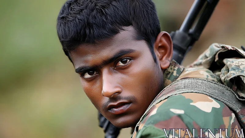 Young soldier in camouflage uniform looking directly ahead