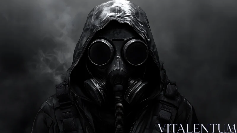 Hooded figure in gas mask stands in dense toxic smoke