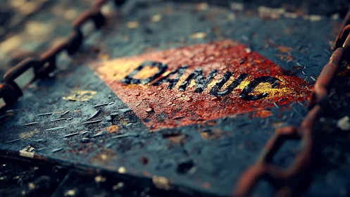 Rusty metal warning plate shows worn DANGER text under chain