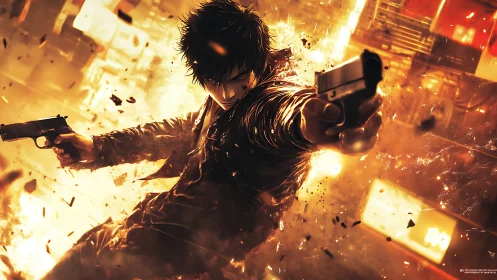 Gun-wielding antihero in explosive urban firefight tableau