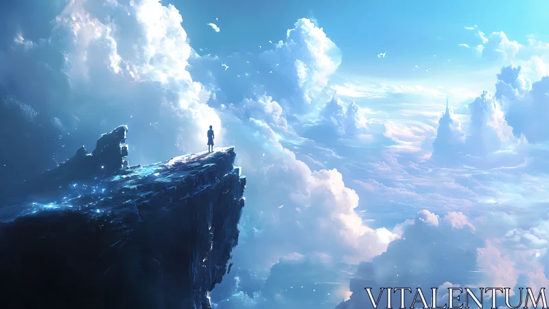 Solitary dreamer stands on a glowing cliff above endless clouds