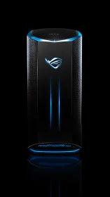 Vertical gaming tower rendered with neon blue edge lighting
