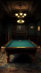 Classic billiards table in dark wood paneled room interior.