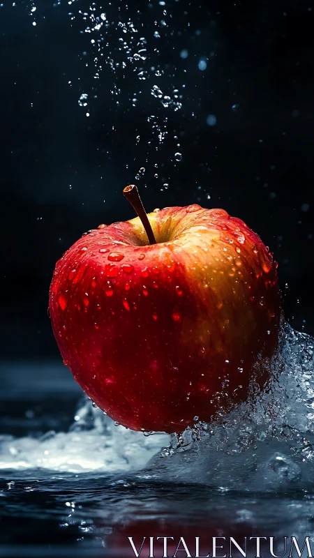 Photorealistic red apple splashing through water stream.