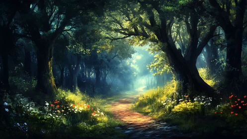 Whispered pathways breathe life where ancient trees cradle dappled golden light