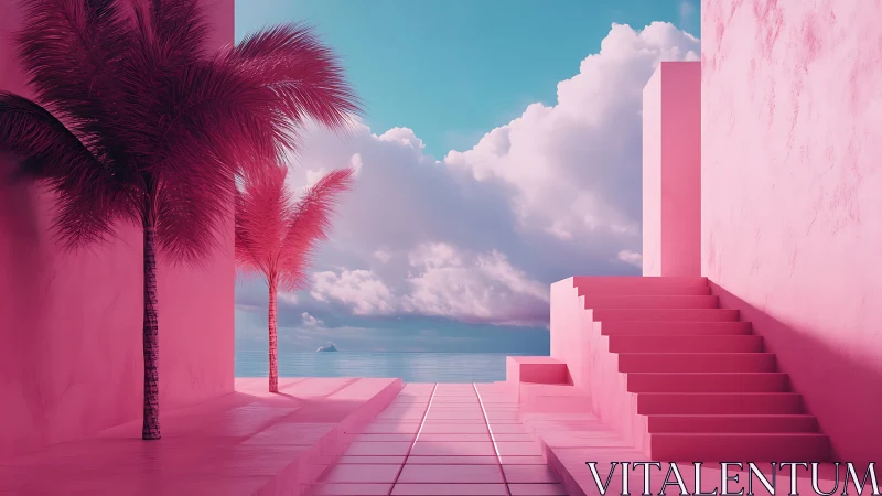 Sunlit pink seaside terrace opens toward calm turquoise skies