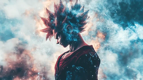 Energetic anime warrior rendered with high-contrast nebular aura field