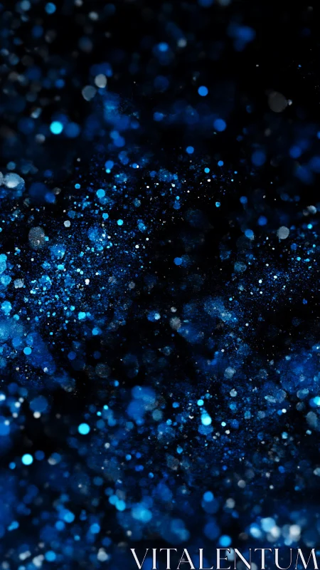Blue bokeh particle field on dark cosmic background.