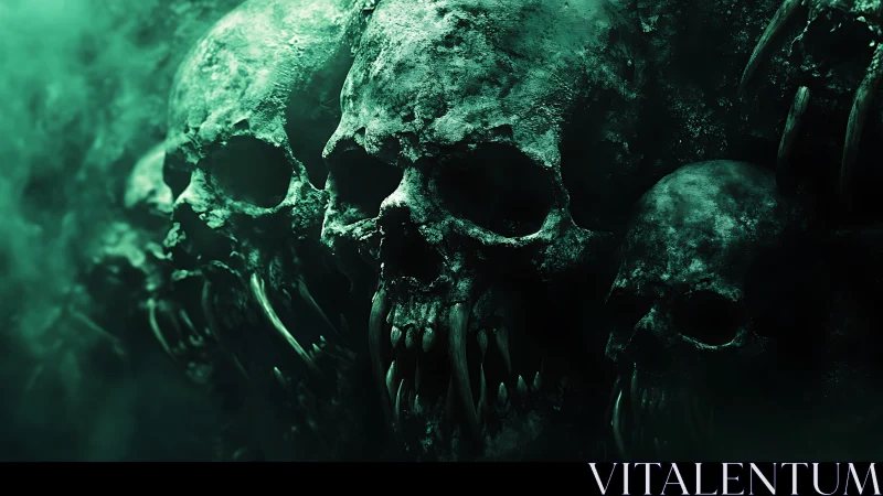Jagged fanged skulls emerge from toxic green misted darkness.