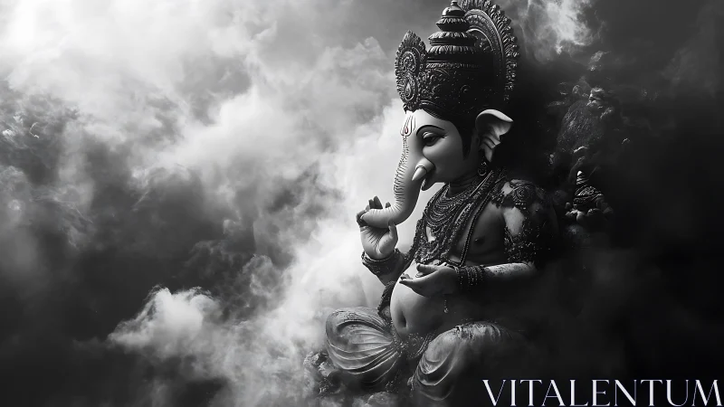 Monochrome statue of Ganesha in dense surrounding mist.
