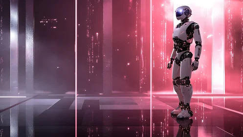 Humanoid robot stands in reflective corridor with red lighting