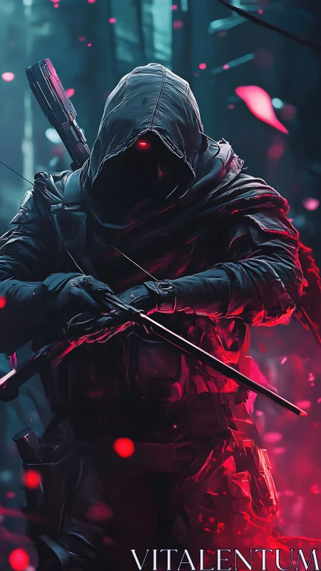 Cybernetic hooded assassin framed in neon forest haze.