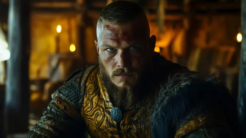 Cinematic viking warrior portrait under warm interior torchlight