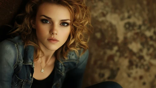 Soft-lit gaze in denim against weathered urban wall.