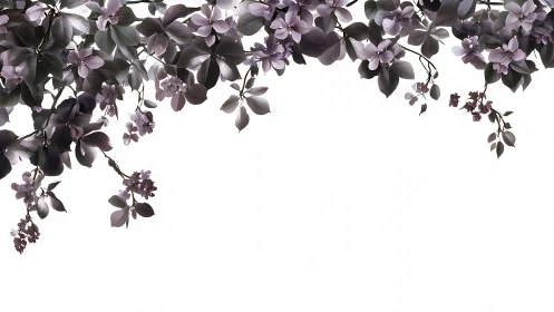 Purple-toned floral branches forming upper border on white.