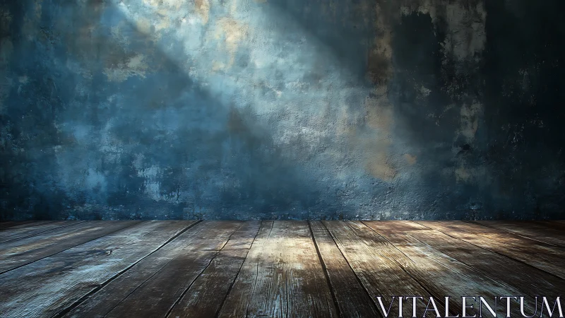 Moody blue studio wall with sunlit rustic wooden floorboards.