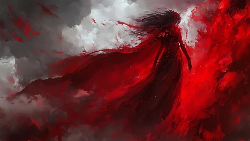 Silhouetted robed figure in red against storm clouds.