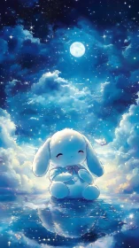 Moonlit bunny friend resting gently in a dreamy star sky.