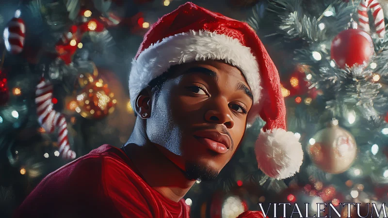 Portrait in red Santa hat amid glowing Christmas lights.