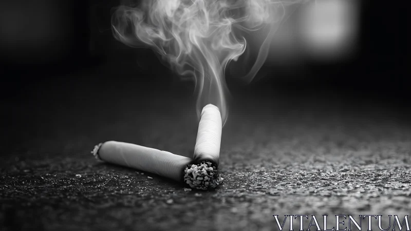 Smoldering broken cigarette on rough asphalt ground surface.