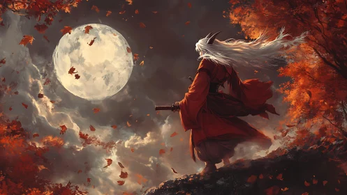 Horned samurai silhouette studies moonlit autumn forest sky