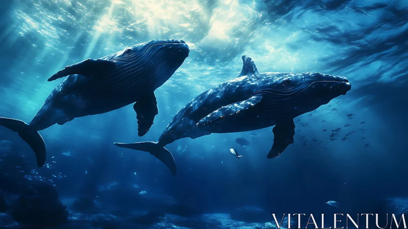 Bihumpback cetaceans cruising through volumetric caustics.