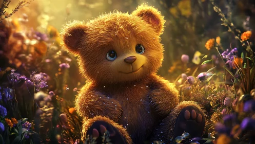 Sunlit teddy bear daydream in a magical flower meadow.