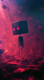 Lonely cube-headed wanderer glows softly in neon dusk